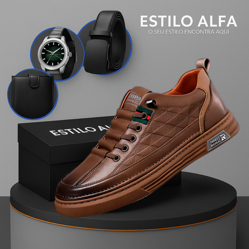 Tênis Casual Ortopédico Masculino Alvion em Couro e Sola Antiderrapante +BRINDES: Relógio, Cinto e Carteira