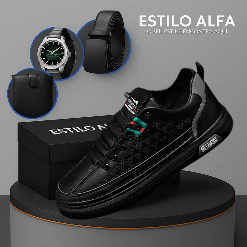 Tênis Casual Ortopédico Masculino Alvion em Couro e Sola Antiderrapante +BRINDES: Relógio, Cinto e Carteira