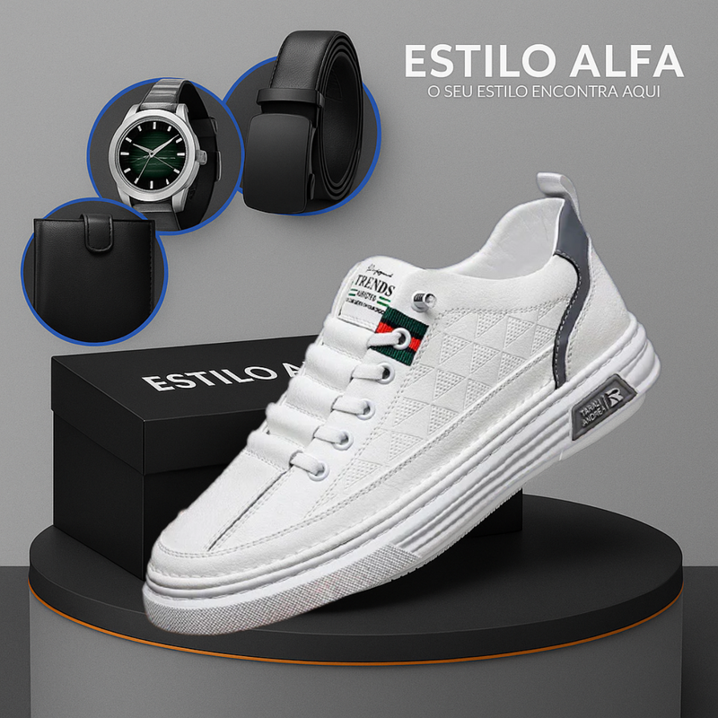 Tênis Casual Ortopédico Masculino Alvion em Couro e Sola Antiderrapante +BRINDES: Relógio, Cinto e Carteira