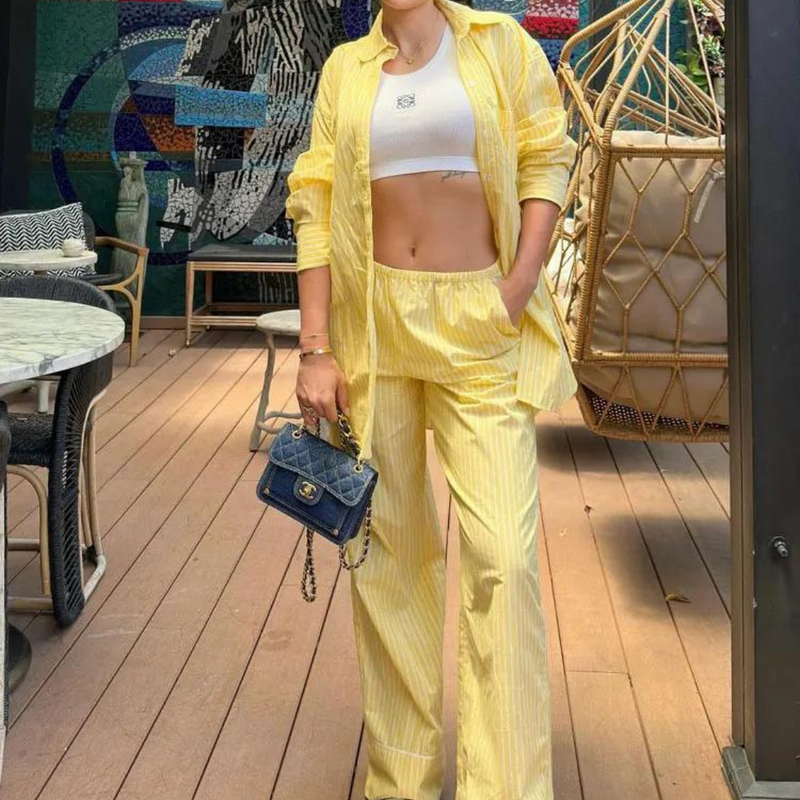 Conjunto Streetwear Amarelo - Blusa Listrada e Calça Solta - DermeBela