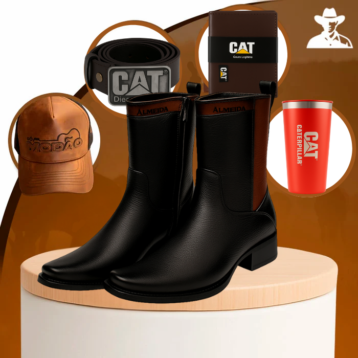 Kit Bota Maverick 3.0 em Couro Legítimo com Palmilha Ortopédica + BRINDES: Boné, Cinto, Carteira e Copo